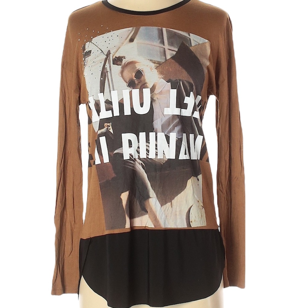 Zara W&B Collection Graphic Print Tee Rhinestone Bedazzled Long Sleeve Top